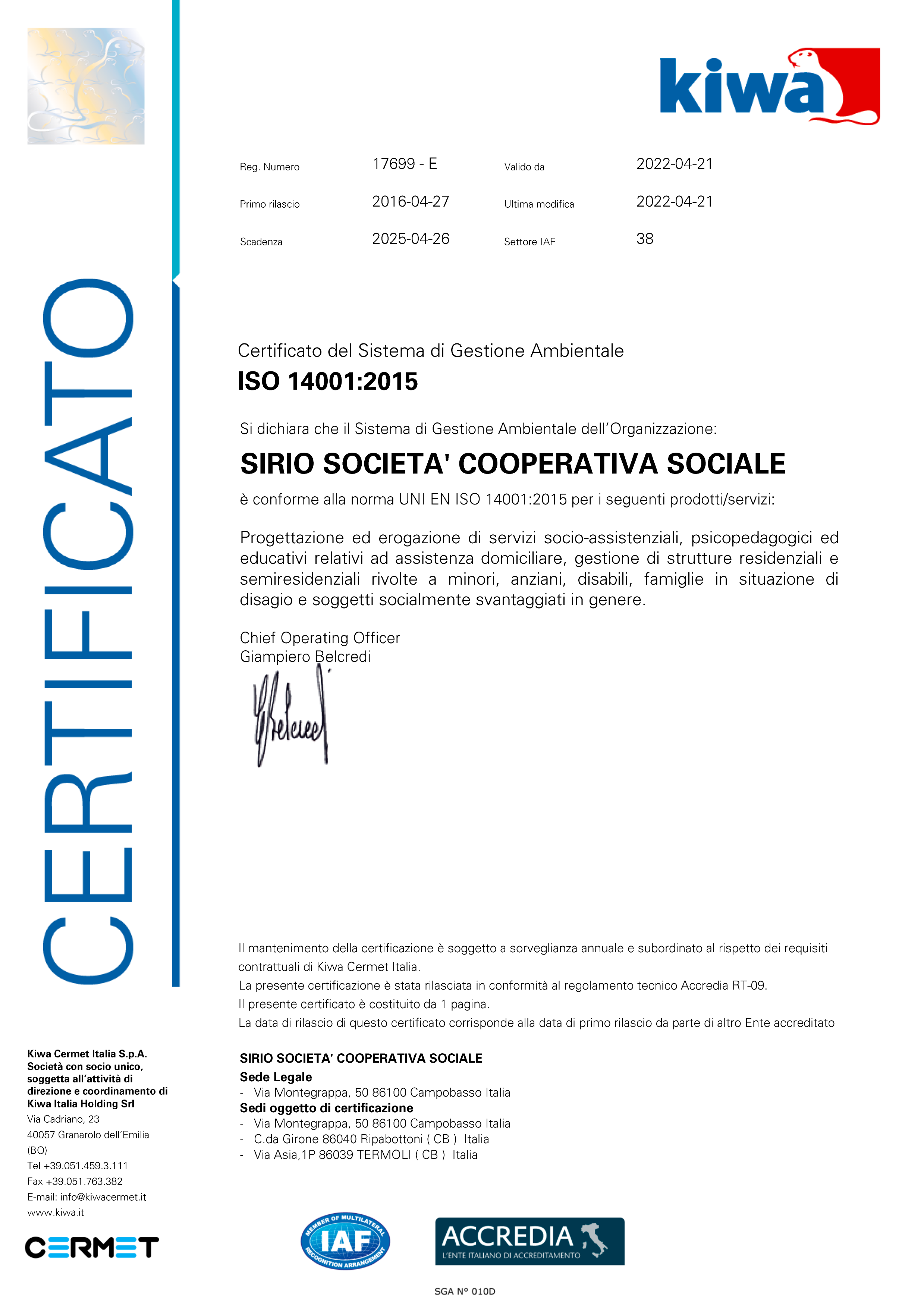 Certificato ISO 14001 - Cooperativa Sirio Campobasso