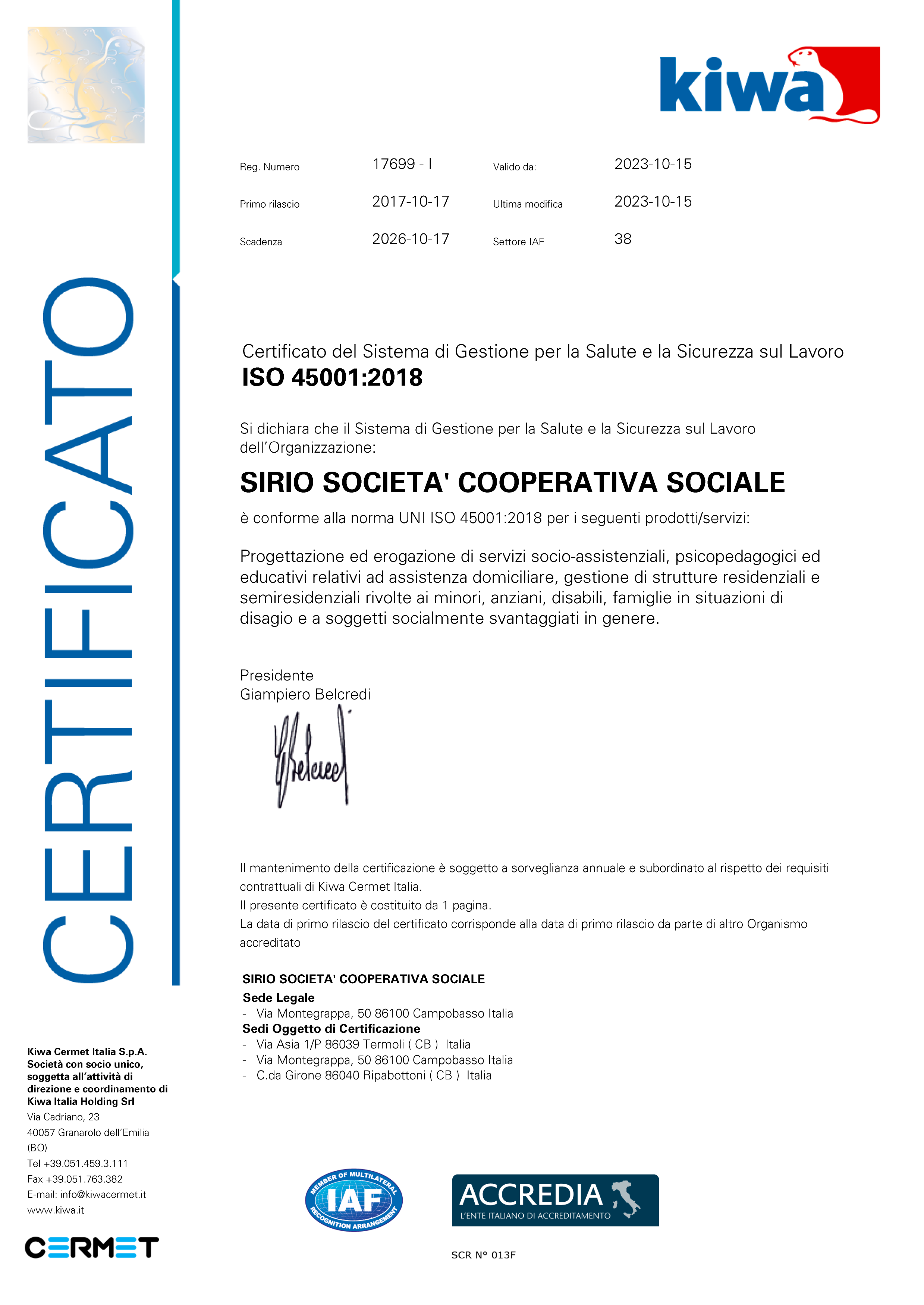 Certificato ISO 45001 - Cooperativa Sirio Campobasso