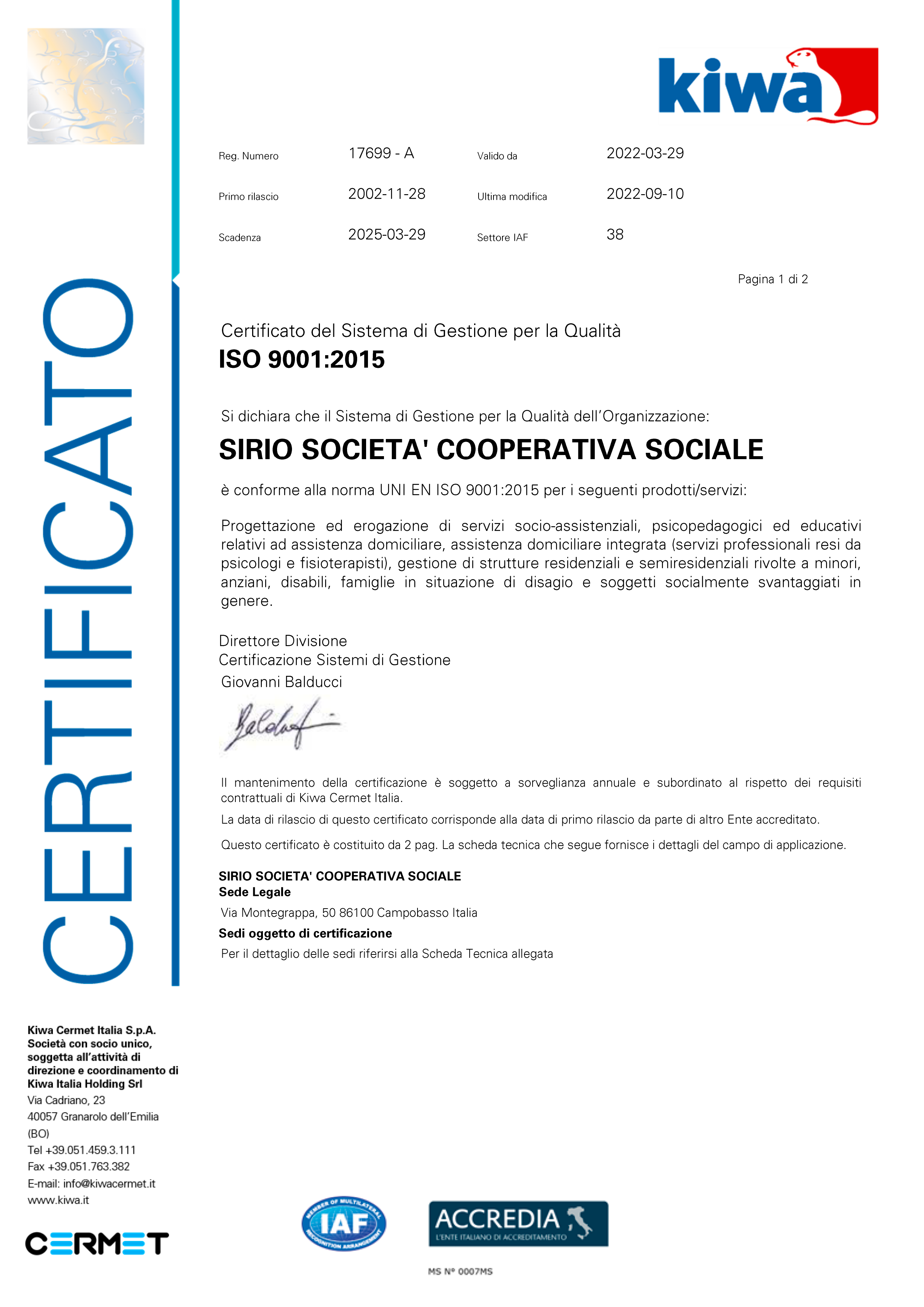 Certificato ISO 9001 - Cooperativa Sirio Campobasso