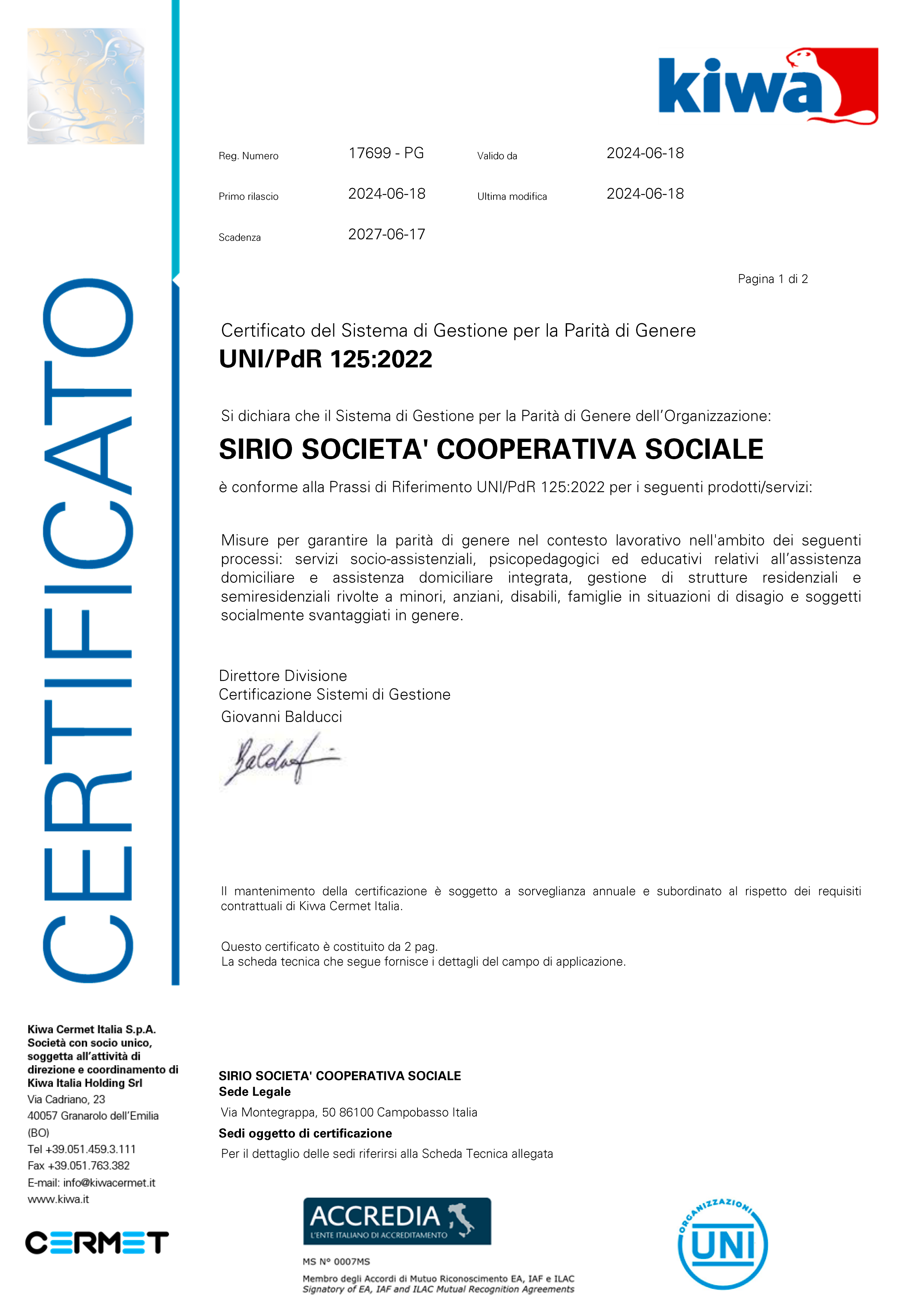 Certificato UNI PdR 125 - Cooperativa Sirio Campobasso