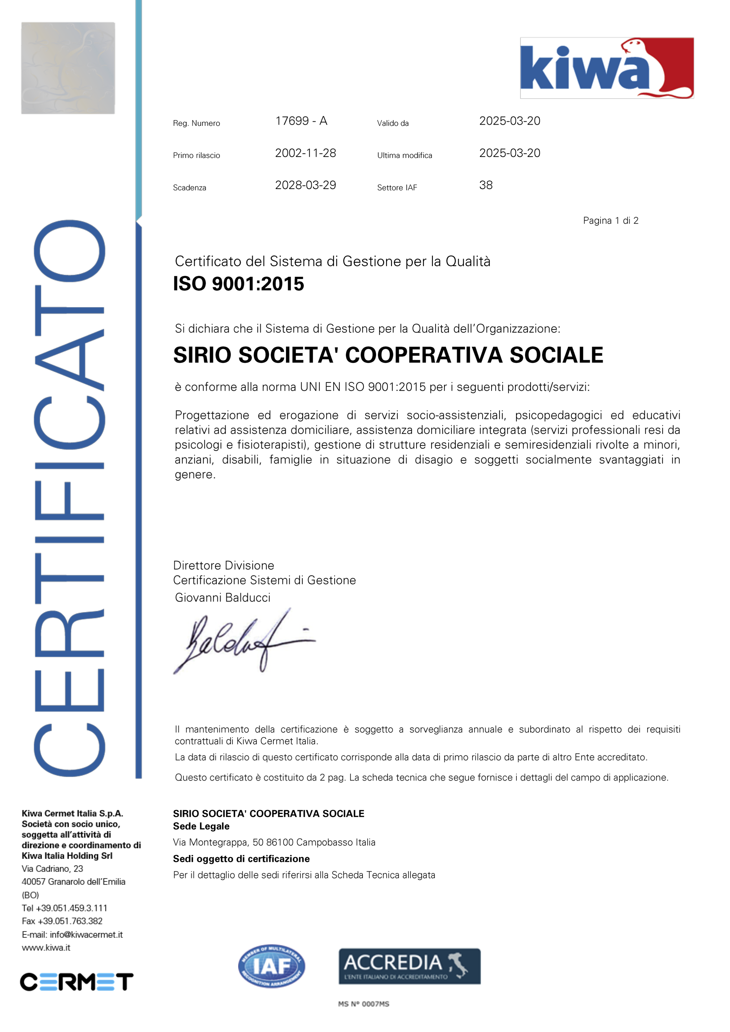 Certificato ISO 9001 - Cooperativa Sirio Campobasso