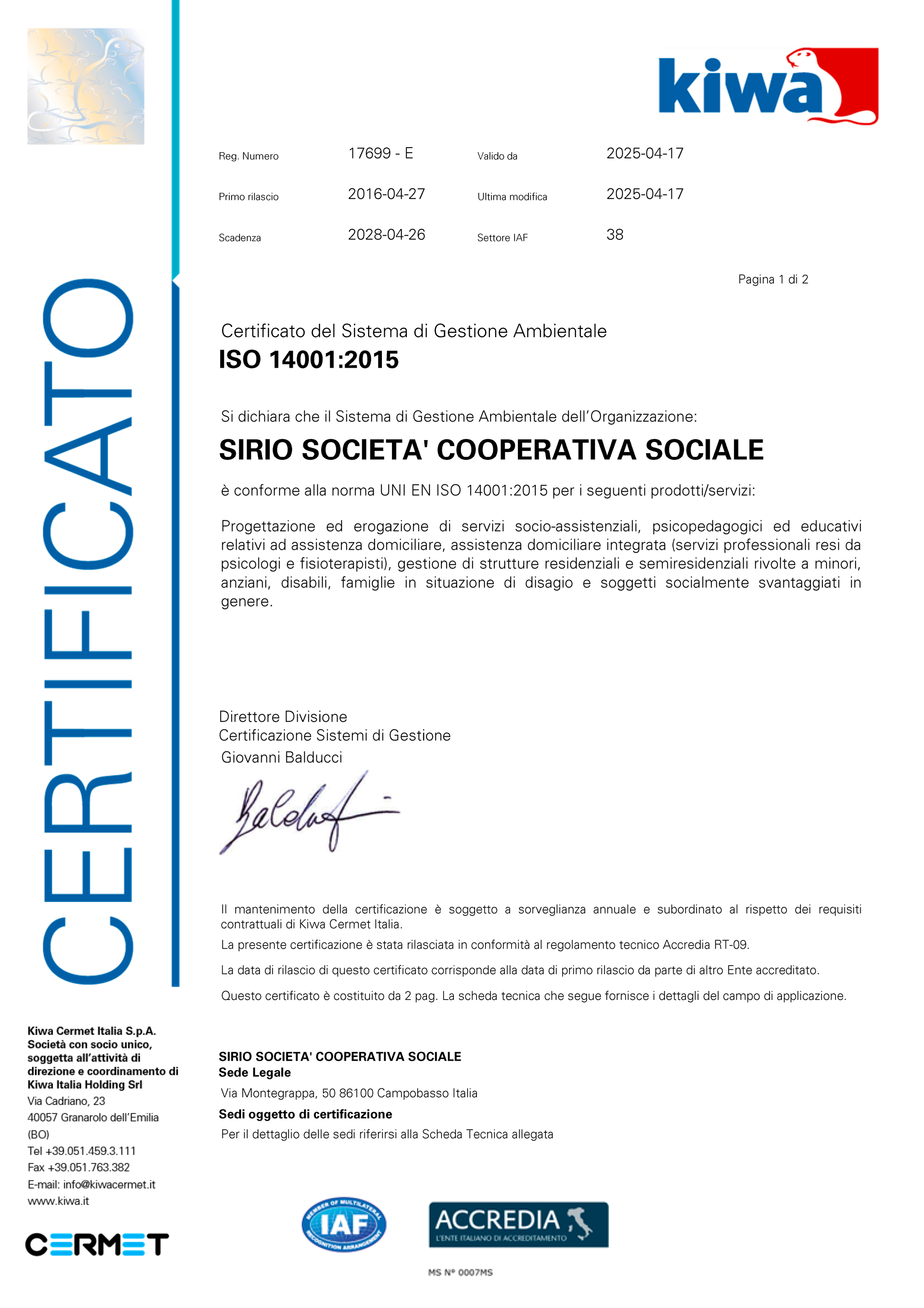 Certificato ISO 14001 - Cooperativa Sirio Campobasso