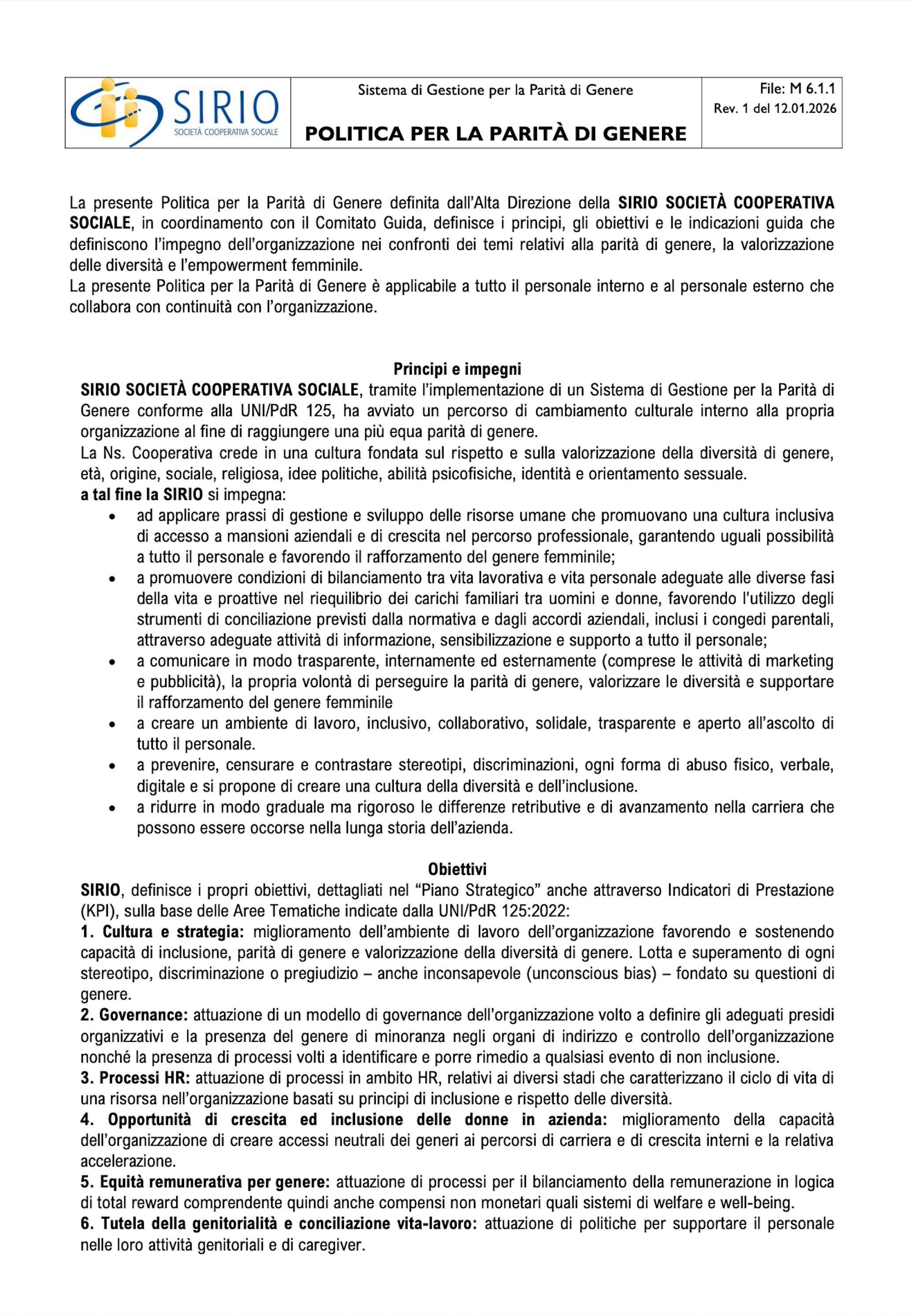 M 6.1.1 Politica per la Parità di Genere rev. 1